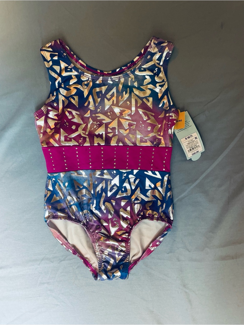 Girls' Purple Metallic Geo-Print One-Piece Swimsuit with Magenta Waist size 6